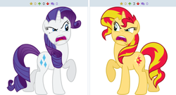 Size: 499x269 | Tagged: safe, artist:theshadowstone, rarity, sunset shimmer, pony, unicorn, derpibooru, g4, exploitable meme, forced juxtaposition, juxtaposition, juxtaposition win, meme, meta, simple background, vector, white background