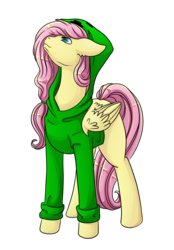 Size: 2500x3600 | Tagged: safe, artist:imreer, fluttershy, pegasus, pony, g4, bottomless, clothes, creeper, creepershy, female, high res, hoodie, jacket, looking up, mare, minecraft, partial nudity, simple background, solo, sweater, sweatershy, transparent background