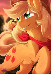 Size: 1024x1483 | Tagged: dead source, safe, artist:rainbowscreen, applejack, earth pony, pony, g4, bandana, cutie mark, ear fluff, female, fluffy, freckles, hat, mare, solo, sunset