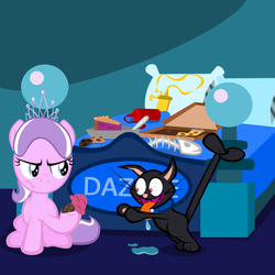 Size: 800x800 | Tagged: safe, artist:magerblutooth, diamond tiara, oc, oc:dazzle, cat, fish, pony, g4, bed, bone, dead, drool, female, filly, food, ice cream, ketchup, mess, mustard, pie, pillow, pizza, punishment, skeleton, tongue out