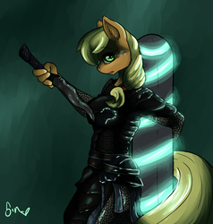 Size: 950x1000 | Tagged: safe, artist:poisindoodles, applejack, earth pony, anthro, g4, armor, crossover, dagger, ebony mail, female, glowing, skyrim, solo, the elder scrolls, the implications are horrible