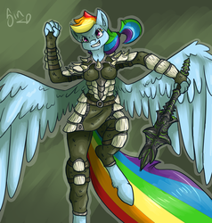 Size: 950x1000 | Tagged: safe, artist:poisindoodles, rainbow dash, anthro, unguligrade anthro, g4, armor, crossover, dragonscale armor, female, mace, mace of molag bal, skyrim, solo, the elder scrolls, the implications are horrible, wings