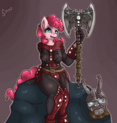 Size: 950x1000 | Tagged: safe, artist:poisindoodles, pinkie pie, earth pony, anthro, g4, axe, battle axe, clothes, crossover, dark brotherhood, female, helmet, leather, mask, masque of clavicus vile, rueful axe, skyrim, solo, the elder scrolls, the implications are horrible