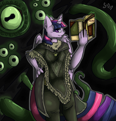 Size: 950x1000 | Tagged: dead source, safe, artist:poisindoodles, twilight sparkle, daedra, anthro, g4, book, clothes, crossover, daedric prince, dovahkiin, eyes, female, hermaeus mora, oghma infinium, robe, robes, skyrim, tentacles, the elder scrolls, the implications are horrible, twilight sparkle (alicorn)