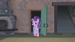 Size: 1920x1080 | Tagged: safe, screencap, starlight glimmer, pony, unicorn, g4, season 5, the cutie map, female, fireplace, lidded eyes, mare, open door, open mouth, open smile, raised hoof, s5 starlight, smiling, solo, staircase