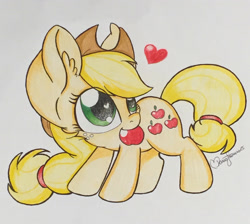 Size: 2428x2174 | Tagged: safe, artist:pvrii, applejack, g4, apple, big ears, female, food, heart, high res, mouth hold, solo, traditional art