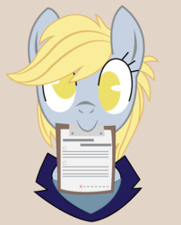 Size: 800x988 | Tagged: safe, artist:dbkit, derpy hooves, pegasus, pony, g4, ask, clipboard, face, female, mare, mouth hold, no pupils, simple background, solo, tumblr