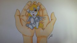 Size: 960x540 | Tagged: safe, artist:derpypieflutter, derpy hooves, human, pony, g4, female, hand, holding a pony, in goliath's palm, looking at you, on back, solo, spread wings, tiny ponies, tongue out, traditional art, underhoof, wink