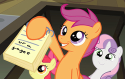 Size: 1142x720 | Tagged: safe, edit, screencap, apple bloom, scootaloo, sweetie belle, g4, my little pony: friendship is magic, ponyville confidential, cutie mark crusaders, ur a faget