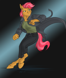 Size: 992x1164 | Tagged: safe, artist:carnivorouscaribou, babs seed, anthro, unguligrade anthro, g4, action pose, clothes, female, solo, trenchcoat