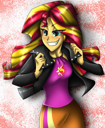 Size: 1602x1947 | Tagged: safe, artist:namyg, sunset shimmer, equestria girls, g4, my little pony equestria girls: rainbow rocks, abstract background, clothes, cutie mark on clothes, eye clipping through hair, eyebrows, eyebrows visible through hair, female, jacket, leather jacket, shine like rainbows, skirt, smiling, solo, teeth