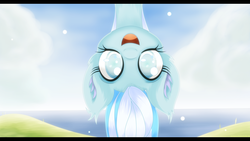 Size: 3840x2160 | Tagged: safe, artist:an-m, oc, oc only, oc:snowdrop, pony, cloud, cloudy, cute, happy, high res, looking at you, smiling, snowbetes, solo, upside down