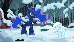 Size: 1280x720 | Tagged: safe, artist:maxressor, princess luna, oc, oc:snowdrop, g4, snow, snowfall, snowflake