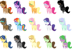 Size: 1479x1010 | Tagged: safe, artist:pandamoniyum, applejack, fluttershy, pinkie pie, rainbow dash, rarity, spike, twilight sparkle, oc, oc:cookie dough, oc:cool coat, oc:dreamscape, oc:fluffle puff, oc:goofy smiles, oc:panda lily, oc:silver shore, pony, g4, female, mare, pointy ponies, simple background, transparent background