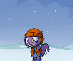 Size: 1064x900 | Tagged: safe, artist:professor-ponyarity, spike, dragon, g4, clothes, cold, earmuffs, freezing, hat, jacket, male, scarf, shivering, snow, solo, toque, winter, winter outfit