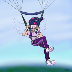 Size: 1800x1800 | Tagged: safe, artist:egophiliac, twilight sparkle, human, g4, air ponyville, colored, flying, goggles, humanized, parachute, skydiving, twilight sparkle (alicorn), wings