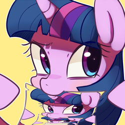 Size: 1024x1024 | Tagged: safe, twilight sparkle, g4, droste effect, looking away, mouth hold, recursion
