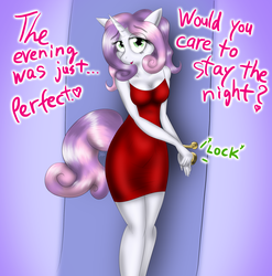 Size: 1920x1944 | Tagged: safe, artist:tunderi, sweetie belle, anthro, g4, breasts, clothes, dress, female, implied sex, looking at you, older, solo