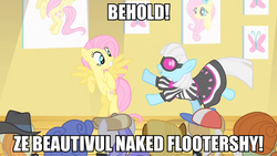 Size: 1067x600 | Tagged: safe, edit, edited screencap, screencap, fluttershy, photo finish, earth pony, pegasus, pony, g4, accent, female, image macro, impact font, mare, meme, photo finish insults, we don't normally wear clothes