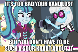 Size: 976x650 | Tagged: safe, screencap, photo finish, sonata dusk, tennis match, equestria girls, g4, my little pony equestria girls, clothes, german, image macro, meme, photo finish insults, pun, skirt