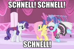 Size: 822x550 | Tagged: safe, screencap, fluttershy, photo finish, rarity, g4, german, image macro, meme, photo finish insults