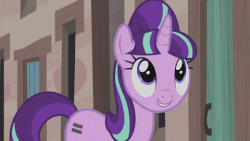 Size: 480x270 | Tagged: safe, screencap, starlight glimmer, pony, unicorn, g4, season 5, the cutie map, animated, breaking the fourth wall, equal cutie mark, evil, evil grin, evil planning in progress, fake cutie mark, female, gif, grin, looking at you, mare, s5 starlight, smiling, solo, walking, when she smiles, youtube link
