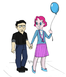 Size: 1097x1280 | Tagged: safe, artist:alexyorim, pinkie pie, human, g4, 1920s, 2015, 20s, balloon, boardwalk, clothes, crossover, crossover shipping, dan, dan pie, dan vs, flapper, holding hands, humanized, jeans, necklace, shipping, skirt, smiling