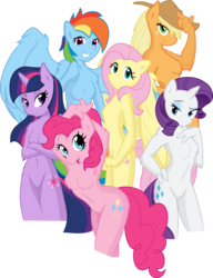 Size: 7699x10000 | Tagged: safe, artist:ambris, artist:fehlung, applejack, fluttershy, pinkie pie, rainbow dash, rarity, twilight sparkle, anthro, g4, absurd resolution, armpits, barbie doll anatomy, belly button, breasts, delicious flat chest, featureless breasts, featureless crotch, female, flattershy, fluffy, mane six, simple background, transparent background, vector