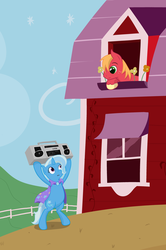 Size: 1273x1920 | Tagged: safe, artist:manateemckenzie, big macintosh, trixie, earth pony, pony, unicorn, g4, bipedal, boombox, boombox serenade, female, male, mare, movie reference, say anything, serenade, shipping, solo, stallion, straight, trixmac