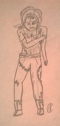 Size: 944x1980 | Tagged: safe, artist:axcrazyxhobo, trixie, human, g4, battle-worn, beaten up, clothes, dragon ball, dragon ball xenoverse, female, humanized, injured, monochrome, solo, torn clothes, traditional art