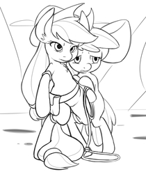 Size: 1396x1665 | Tagged: safe, artist:vulapa, apple bloom, applejack, earth pony, pony, g4, bipedal, lasso, monochrome, rope