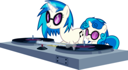 Size: 5703x3149 | Tagged: safe, artist:uxyd, dj pon-3, sweetie belle, vinyl scratch, pony, unicorn, g4, alternate hairstyle, cutie mark, duo, female, filly, foal, glowing horn, horn, magic, mare, mixing console, simple background, smiling, sunglasses, teeth, telekinesis, transparent background, turntable, vector