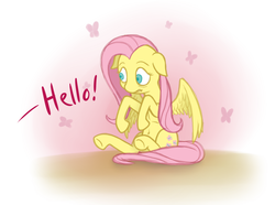 Size: 876x651 | Tagged: dead source, safe, artist:roxenmage, fluttershy, pegasus, pony, g4, belly button, female, scared, sitting, solo