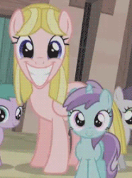 Size: 207x278 | Tagged: dead source, safe, screencap, aura (g4), liza doolots, magnolia blush, petunia, tootsie flute, tornado bolt, pegasus, pony, unicorn, g4, the cutie map, animated, background pony, creepy, creepy smile, cropped, cult, cute, egalitarianism, equalized, equalized mane, faic, fake smile, female, filly, foal, folded wings, impossibly large smile, looking at you, mare, smiling, stepford smiler, uncanny valley, wide smile, wings, youtube link