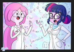 Size: 1226x862 | Tagged: safe, artist:riouku, sci-twi, twilight sparkle, equestria girls, g4, adventure time, chemistry, crossover, male, math, princess bubblegum, science