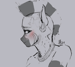 Size: 708x638 | Tagged: safe, artist:adolphbartels, zecora, zebra, anthro, g4, blushing, female, gray background, grayscale, looking at you, monochrome, simple background, solo