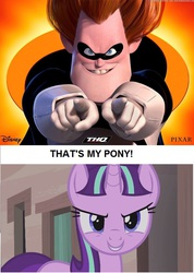 Size: 640x900 | Tagged: safe, edit, edited screencap, screencap, starlight glimmer, human, pony, unicorn, g4, the cutie map, buddy pine, disney, female, male, mare, meme, pixar, s5 starlight, syndrome, that's my pony, that's my x, the incredibles, thq