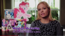 Size: 1280x716 | Tagged: safe, dj pon-3, pinkie pie, rainbow dash, vinyl scratch, human, g4, behind the scenes, irl, irl human, meghan mccarthy, photo, product placement