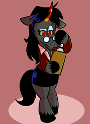 Size: 576x792 | Tagged: safe, artist:pembroke, artist:wiggles, king sombra, ask king sombra, g4, blouse, clipboard, clothes, crossdressing, eyeshadow, glasses, lipstick, makeup, skirt