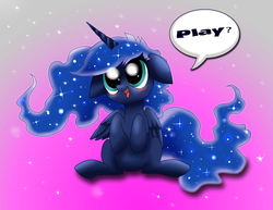 Size: 1908x1470 | Tagged: safe, artist:confetticakez, princess luna, alicorn, pony, g4, blushing, chibi, cute, dialogue, female, floppy ears, lunabetes, open mouth, open smile, sitting, smiling, solo, speech bubble, weapons-grade cute, wings