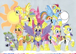 Size: 1500x1076 | Tagged: safe, artist:mornincloud, applejack, fluttershy, pinkie pie, rainbow dash, rarity, spike, twilight sparkle, alicorn, pony, g4, armor, armorarity, badass, cutie mark, female, mane seven, mane six, mare, smiling, traditional art, twilight sparkle (alicorn)