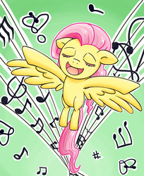 Size: 1000x1227 | Tagged: safe, artist:mornincloud, fluttershy, filli vanilli, g4, female, flying, music notes, singing, smiling, solo