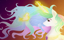 Size: 1500x935 | Tagged: safe, artist:freckledbastard, artist:tsupirka, princess celestia, g4, crown, female, glowing horn, horn, solo