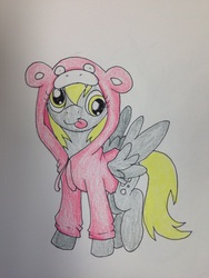 Size: 2448x3264 | Tagged: safe, artist:scarlet-spectrum, derpy hooves, pegasus, pony, slowpoke (pokémon), g4, clothes, female, high res, hoodie, mare, pokémon, traditional art