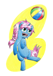 Size: 1000x1430 | Tagged: safe, artist:mornincloud, oc, oc only, oc:seline, azuna, beach ball, female, filly, offspring, parent:oc:azure night, parent:princess luna, parents:azuna, parents:canon x oc, solo