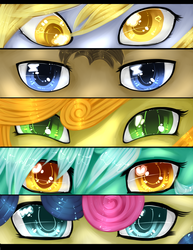 Size: 1250x1617 | Tagged: safe, artist:tomocreations, bon bon, carrot top, derpy hooves, doctor whooves, golden harvest, lyra heartstrings, sweetie drops, time turner, earth pony, pegasus, pony, unicorn, g4, eyes, female, male, mare, persona eyes, stallion