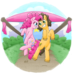 Size: 1181x1207 | Tagged: safe, artist:mornincloud, cheese sandwich, pinkie pie, g4, female, jumping, male, ship:cheesepie, shipping, smiling, straight