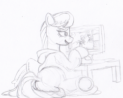 Size: 847x678 | Tagged: safe, artist:schmoe-joe, octavia melody, earth pony, pony, g4, butt, clothes, computer, computer mouse, female, grin, hoodie, monitor, monochrome, pc, plot, solo, sweater, sweatpants, traditional art, treblebutt, underhoof