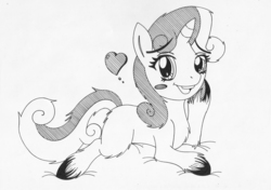 Size: 3344x2360 | Tagged: dead source, safe, artist:green-sama, sweetie belle, pony, unicorn, g4, blush sticker, blushing, female, floating heart, hatching (technique), heart, high res, hoof on cheek, ink drawing, lying down, monochrome, prone, solo, traditional art