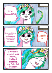 Size: 864x1203 | Tagged: safe, artist:mornincloud, princess celestia, sunset shimmer, g4, comic, dialogue, my faithful student, plot twist, traditional art